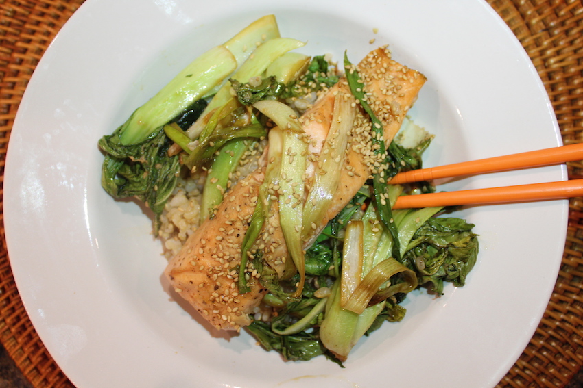 Roasted salmon with Baby Bok choy and green onions