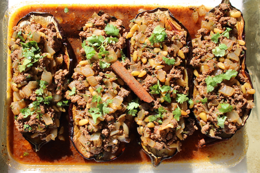 Stuffed eggplant with lamb and pine nuts